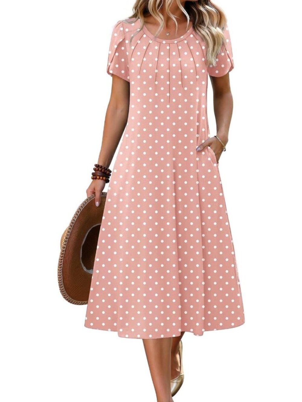 Casual Summer Midi Dress for Women - Petal Short Sleeve, Pleated A-Line Boho